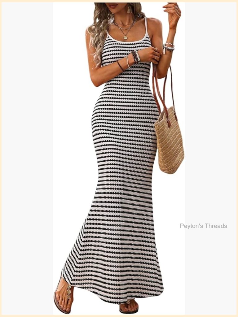 Crochet Striped Fishtail Bodycon Maxi Dress Backless Sleeveless Strappy Summer